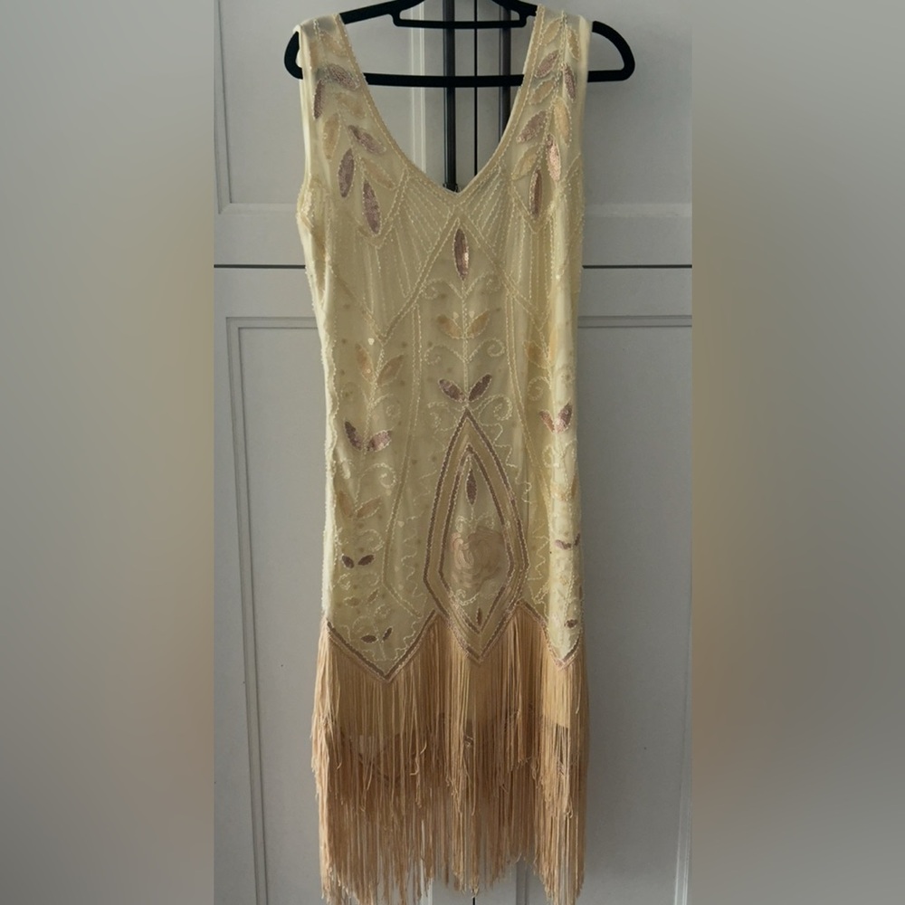 Elegant Cream and Tan Fringe Dress ( box F)